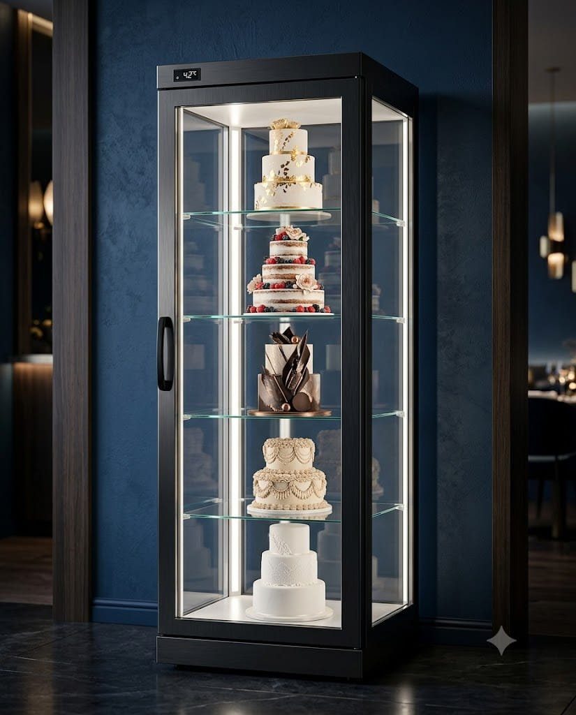 4-Side Glass Vertical Showcase — PEZO Air Curtain & 4-Side Glass Showcases cake display cabinet