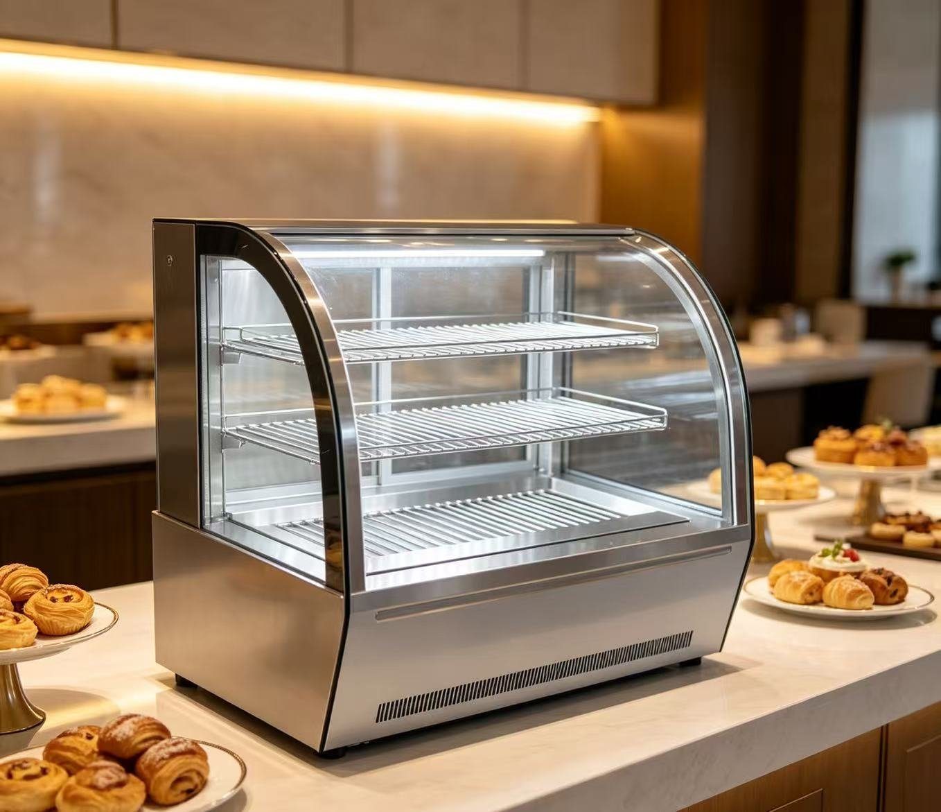 Curved Table Counter Hot Showcase — PEZO Specialized Showcases (Heated / Dual-Zone) cake display cabinet
