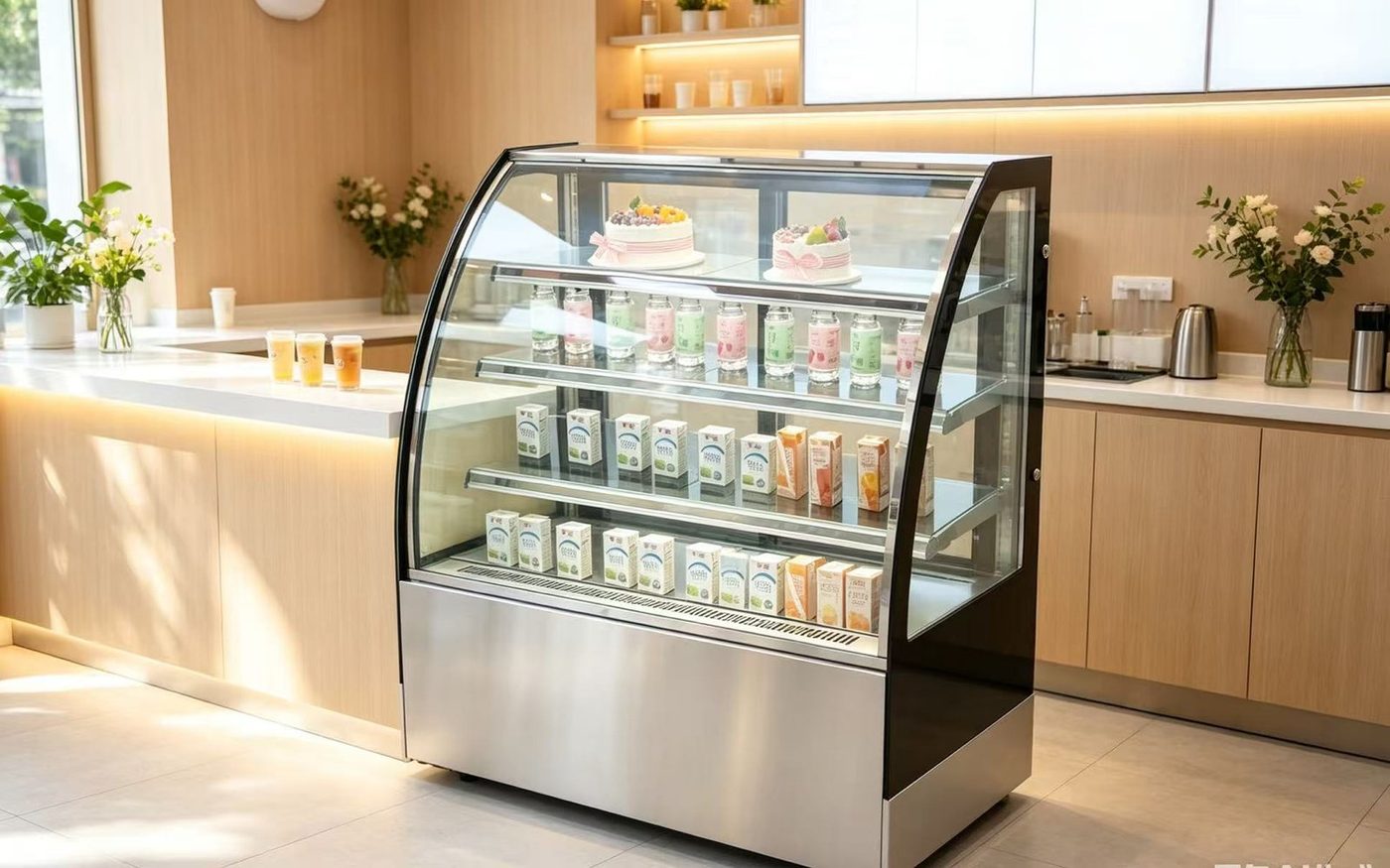 Curved Glass-Sink Floor Standing Showcase — 3 Shelves — PEZO Floor-Standing Cake Display Showcases cake display cabinet
